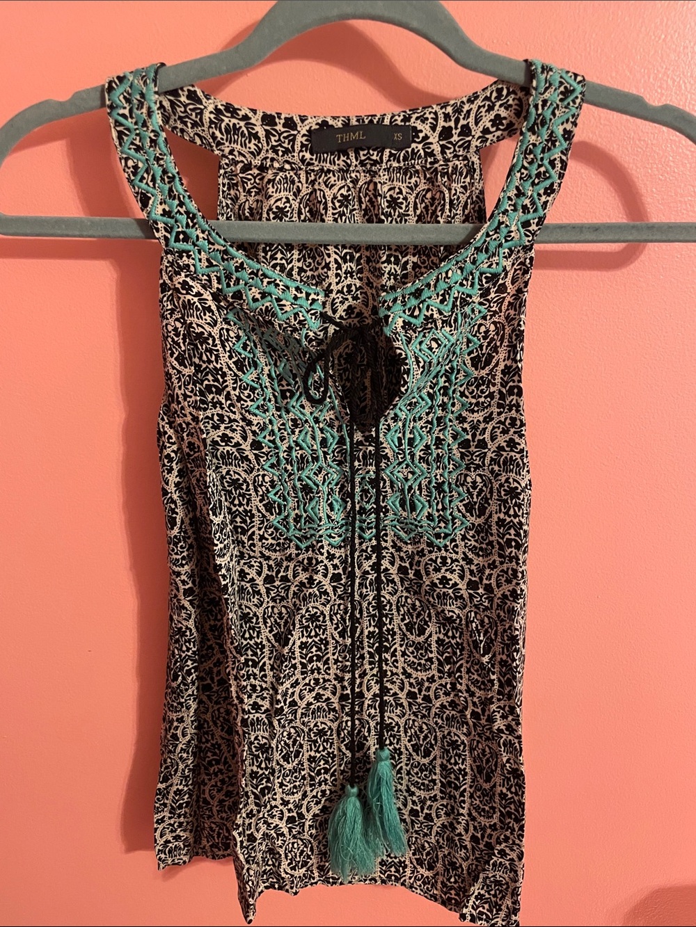 THML Black & White Printed Halter Camisole with Mint Trim